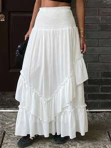 Livesso Falda suelta de mujer con dobladillo de volantes de encaje blanco y parches, adecuada para fiestas de Pascua, vacaciones de verano, primavera y verano - Blanco - Ver 4