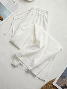 Pariaura Women's Elegant Patchwork Lace Wide Leg Pants,Women's Plain White Semi-Sheer Woven Fabric Long Pants Straight Leg Casual Style - White - View 3