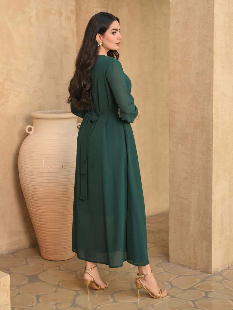 Women's Elegant Contrast Color Lace Patchwork V-Neck Belted Long Dress, Spring/Summer,Wedding Guest Dress Women Sundress