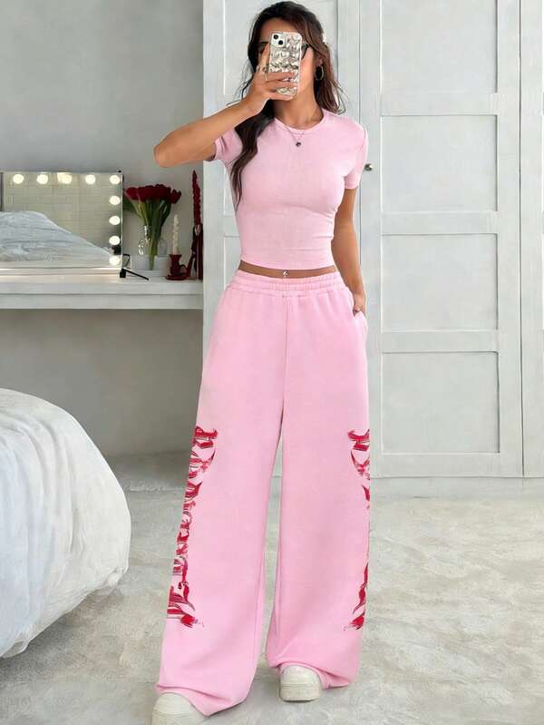 Muchica Women's Casual Subculture Patterned Loose T-Shirt And Sweatpants Pink Set, Suitable For Going Out, Street Style, Y2K Style Clothing, All Suitable For Spring And Summer, Wide-Leg Pants Set.