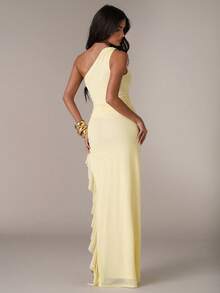 SHEIN BAE Women's Elegant Sexy Pale Yellow Summer Cocktail Tropical Dress,Beaded Shoulder Strap Ruched Waist Slit Ruffle Hem Summer Dresses For Wedding Party - Light Yellow - View 2