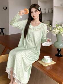 DAZY Đầm dài tay phối ren họa tiết hoa nhí, trang phục mặc nhà mùa xuân thoải mái dành cho nữ. - Màu tím hoa cà - Xem 6