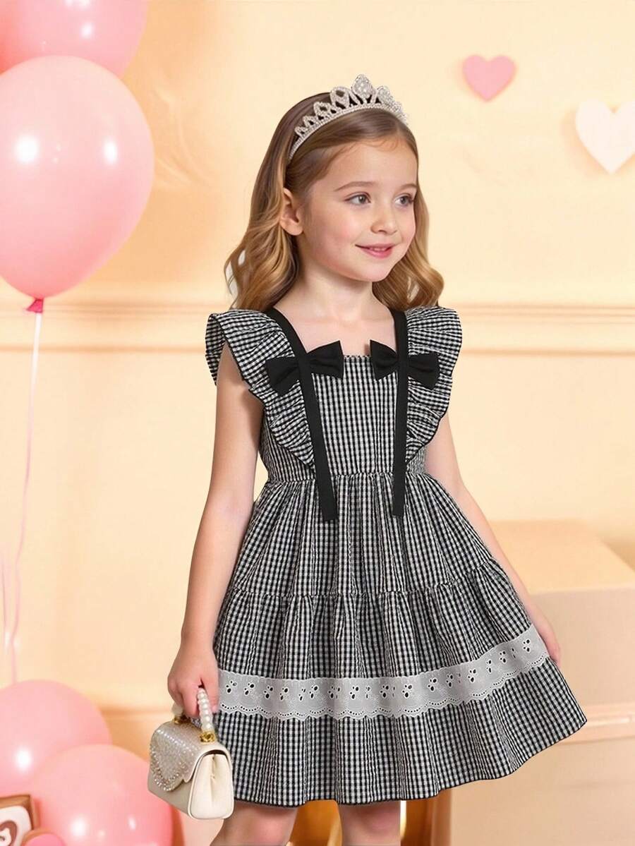 Girls' Elegant Vintage Korean Style Sweet Bowknot Square Collar Cap Sleeve Ruffle Hem Patchwork Dress, Suitable For Vacation, Holidays, Parties And Other Occasions, Summer Black White Dress For Girls Kids Jacquard Dresses Little Girls Dresses Cap Sleeve Ruffle Sleeve Dress Kids Girls Plaid Dress Girls Party Dress Young Girls Dresses Gingham Dress Bow Detail Dress - Black and White - View 1