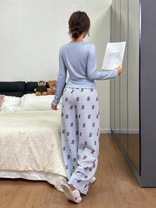 Napfluff 梦幻可爱小熊蕾丝装饰修身上衣和宽松舒适裤子女士睡衣套装 - 淺藍色 - 查看 2