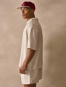 Musero Oversized Short Sleeve Deep V Neck Collared Drop Shoulder Thick Hem Linen Shirt Spring Summer Essentials Beachy Holiday - Apricot - View 3