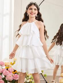 SHEIN Vestido de niña preadolescente de cuello halter suelto y elegante, sin mangas, con volantes en el bajo, de longitud media, adecuado para bodas, vacaciones y fiestas - Blanco - Ver 5