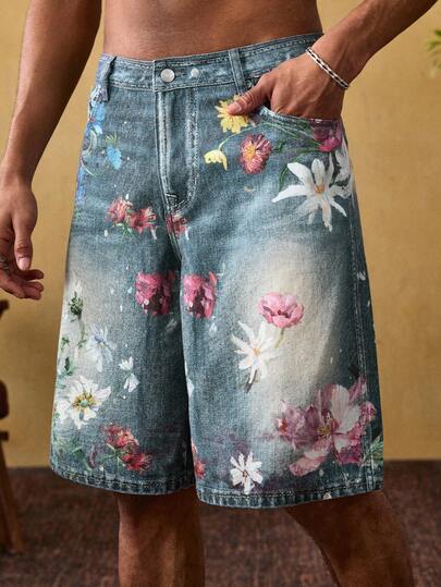 ROMWE MEN Printed Retro Loose Fit Casual Denim Shorts For Men, Summer