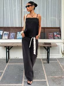 Muchica Women's Black Satin Contrast Lace Trim Camisole,Summer Top - Black - View 6