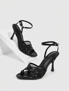 CUCCOO SZL 女士鞋履 春夏新款 圆头细高跟黑色网纱交叉绑带踝带高跟凉鞋 时尚舒适 百搭性感派对女凉鞋 - 黑色 - 查看 2