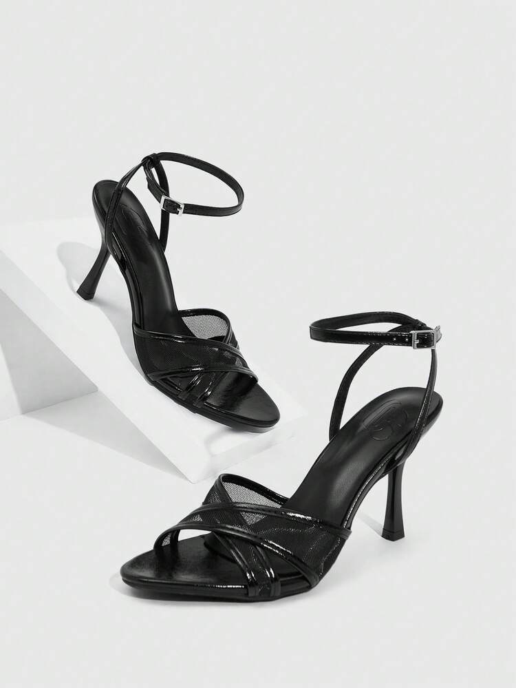 CUCCOO SZL Women Shoes Spring And Summer New Round Toe Stiletto Black Mesh Cross Belt Ankle Strap Women's High Heel Sandals Fashion Comfortable Versatile Sexy Party Women Sandals Spring Shoes Prom Heels