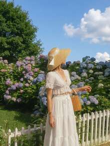 SHEIN MOD 女士蕾丝泡泡袖V领黑色上衣和波西米亚风迷你裙，趣味衬衫，休闲假日，情人节服装，夏季假期，夏季，早午餐，情人节，女士海滩装，情人节女士装，海滩度假，性感邮轮女士装，复活节 - 白色 - 查看 12