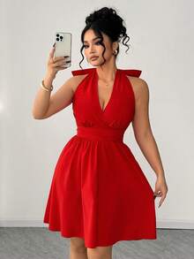 Elenzga Đầm cổ yếm chữ V thanh lịch, lãng mạn kiểu vintage với nơ lớn, thích hợp cho ngày Valentine, giản dị nhưng vẫn thời trang. - Đỏ - Xem 6