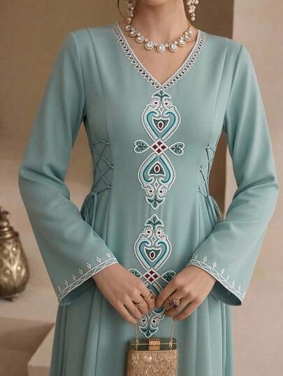 Al Najma New Embroidered V-Neck Tie-Cinched Waist Casual Vintage Dress, Versatile For Holiday And Daily Wear