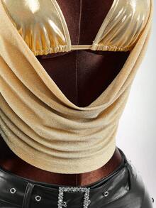 Amplova Women's Fashionable Sexy Metal Halter Backless Blouse - Gold - View 7