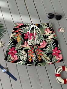 Genlund Shorts de playa con estampado floral tropical retro para hombres, con forro de malla, adecuados para vacaciones y actividades al aire libre - Negro - Ver 3