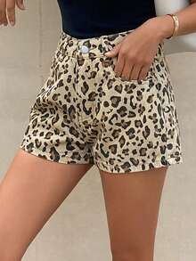 Women's Leopard Print Casual Pocketed Versatile Denim Shorts Jorts - Coffee Brown - View 5