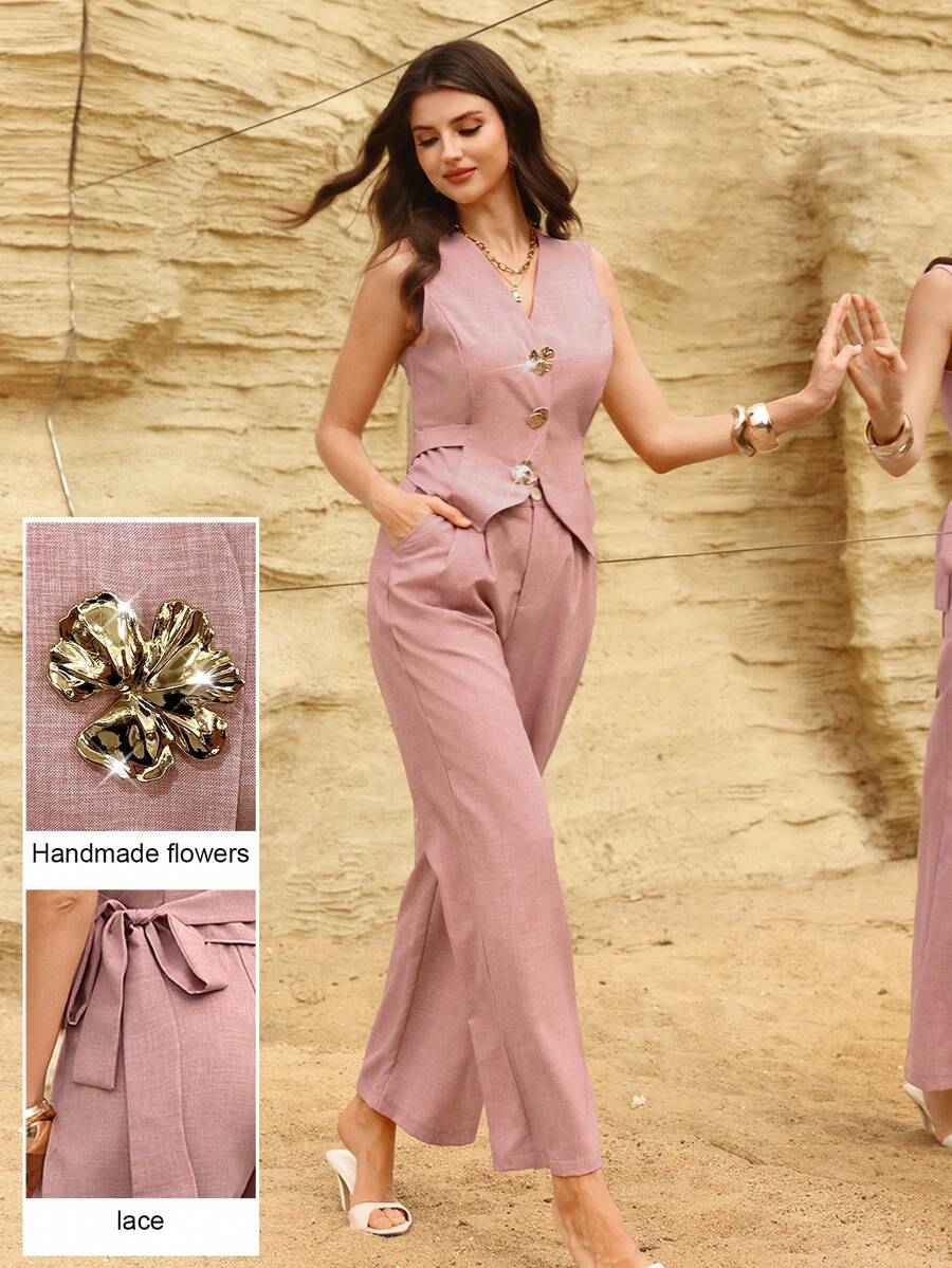 Modelyn 2pcs/Set Women Lady-Like Pink Tie-Up Waist Design Metal Buckle Sleeveless Vest And Wide Leg Pants