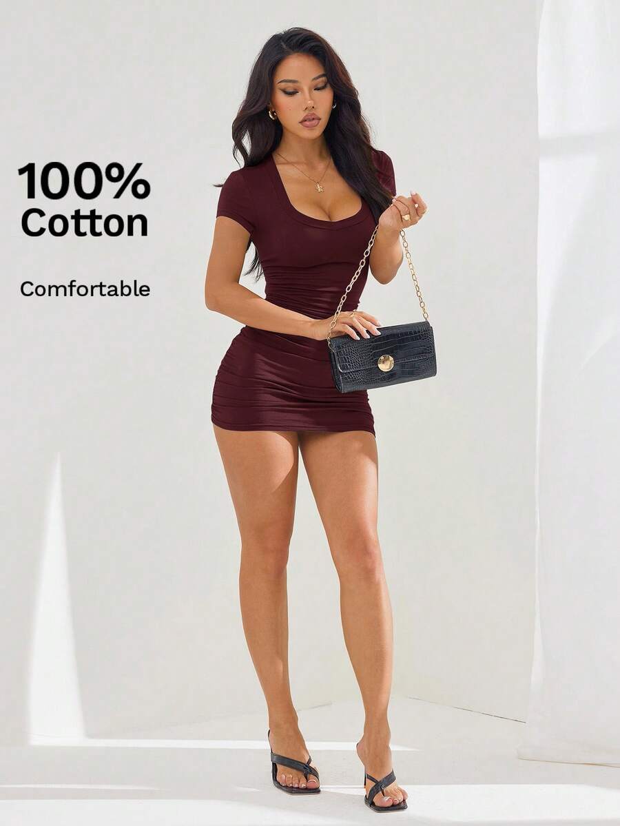 SHEIN PETITE Đầm mùa hè trơn, đầm ôm sát xếp ly. - Màu đỏ tím - Xem 1