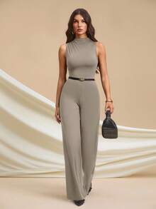 SHEIN Tall Bộ jumpsuit dài màu đen thanh lịch, gợi cảm, không tay, xếp ly, ống rộng, thích hợp mặc hàng ngày, hẹn hò, đi chơi, dự tiệc, kiểu dáng layering thanh lịch cho nữ, jumpsuit bất đối xứng, jumpsuit ống rộng, jumpsuit ngày Valentine, jumpsuit mặc hàng ngày, jumpsuit dài thanh lịch cho người cao. - Xám - Xem 7