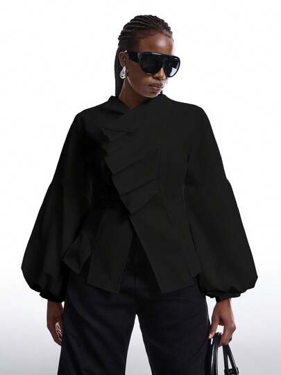 LYSMO Plus Size New Minimalist Autumn/Winter Women's Solid Color Ruffle Puff Sleeve Fashion Blouse, Lantern Sleeve Blouse, Puff Sleeve Blouse, White Blouse, Elegant White Long Sleeve Blouse