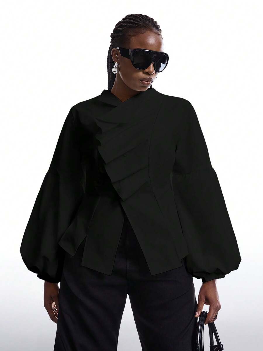 SHEIN EZwear 大码新款简约秋冬女式纯色荷叶边泡泡袖时尚衬衫,灯笼袖衬衫,泡泡袖衬衫,白色衬衫,优雅白色长袖衬衫 - 黑色 - 查看 1