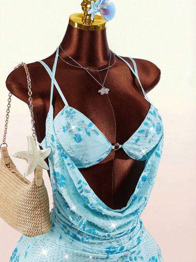 Amplova 2pcs Women's Beaded Embroidered Bra Top And Dress Set, Sexy And Avant-Garde, Suitable For Resort Wear, Cute For Fashionistas Beach Attire For Women Sexy Beach Dress