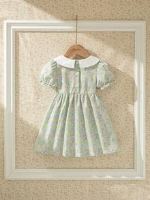 Souflis Souflis Light Blue Floral,Summer,Cute,Picnic French Baby Girl Ditsy Floral Dress,White Peter Pan Collar Contrast Color,Pleated Design,3D Bow Decor Vintage Clothes - Multicolor - View 4