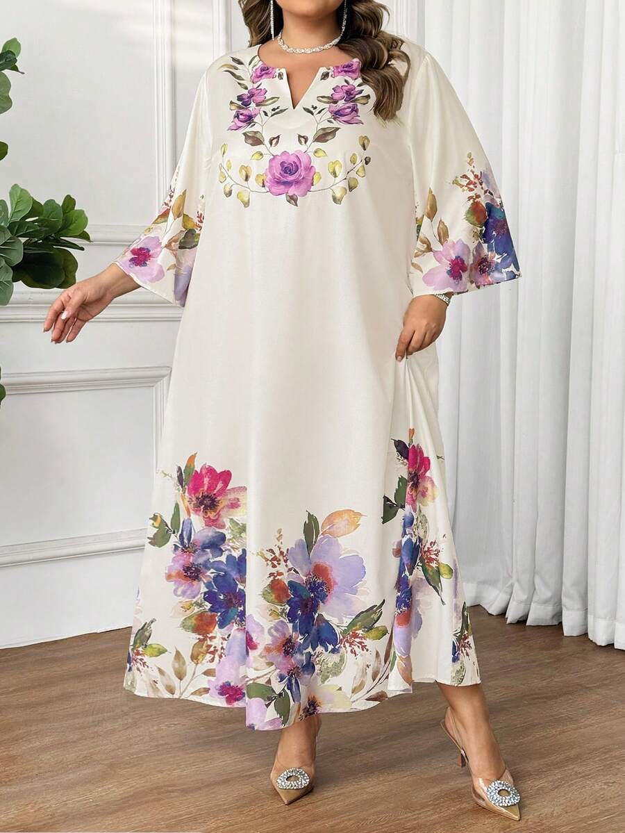 SHEIN CURVE+ 新款休闲卡通印花连衣裙，适合婚礼宾客，优雅连衣裙，波西米亚风印花连衣裙 - 杏色 - 查看 1