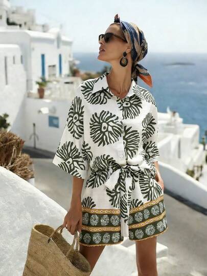 Louniche Women's Casual Vacation Printed Shirt Collar Waist Cinched Wide Leg Jumpsuit, Spring/Summer