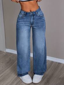 SHEIN PETITE Women's Casual Everyday Washed Slant Pocket Loose Straight Leg Jeans - Medium Wash - View 6