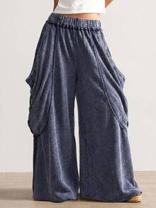 Bohemela Celana Rajut Longgar Warna Polos Kasual Wanita dengan Motif Dicuci - Navy Blue - View 4
