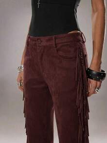 TRNVIE Women's Casual Fashion Flared Fringed Side Design Suede Pants In Burgundy, Western Cowboy Style, Suitable For Evenings, Gatherings, Concerts, Parties - Burgundy - View 4