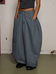 COUREZ Pantalones holgados de tiro bajo a cuadros de algodón unisex para mujeres y hombres - Azul Marino - Ver 4