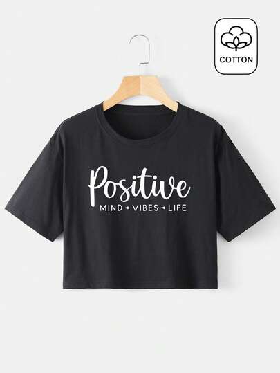 Top negru pentru femei, cu imprimeu de slogan "Positive Mind Vibes Life", guler rotund, bumbac, mânecă scurtă, casual, simplu, crop, potrivit pentru ținute în aer liber, primăvară/vară