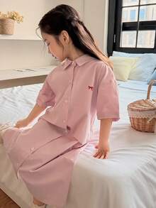 DAZY 女童前扣蝴蝶结印花休闲短袖连衣裙 - 粉色 - 查看 5