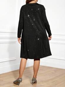 Miaspire Plus Size Women's Elegant Party Lace Patchwork Black Dress, Autumn/Winter, Black Elegant Dress Curve, Long Sleeve Elegant Dress, Black Sparkle Dress,Autumn/Winter,Going Out Outfits,2025 New Clothes,Simple And Fashionable For Everyday Wear, Plus Size Winter Clothes,New Year Dress ,Comfortable And Breathable,Flowy Dress,Christmas Outfit For Women ,New Year Clothes - Black - View 2