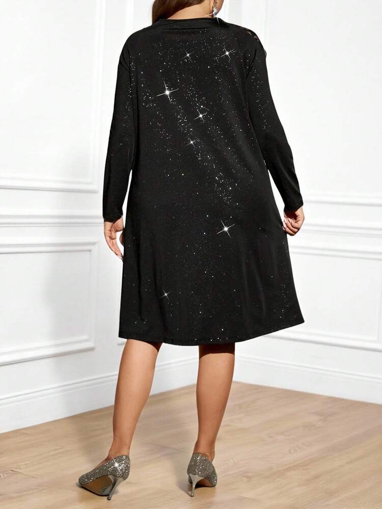 Plus Size Women's Elegant Party Lace Patchwork Black Dress, Autumn/Winter, Black Elegant Dress Curve, Long Sleeve Elegant Dress, Black Sparkle Dress,Autumn/Winter,Going Out Outfits,2025 New Clothes,Simple And Fashionable For Everyday Wear, Plus Size Winter Clothes,New Year Dress ,Comfortable And Breathable,Flowy Dress,Christmas Outfit For Women ,New Year Clothes