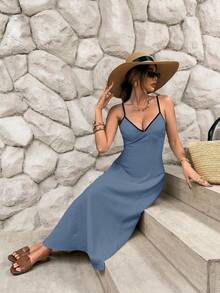 SHEIN Frenchy Đầm hai dây phối màu tương phản dáng lửng dành cho nữ - Xám Xanh - Xem 8