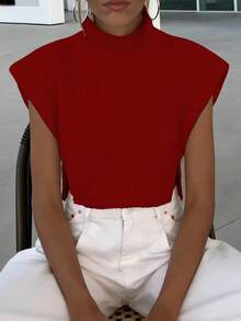 SHEIN LUNE Blusa de punto acanalado con cuello Mao y abertura lateral, unicolor, para verano - Rojo - Ver 3