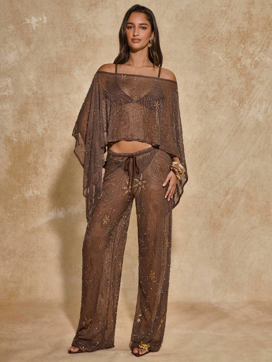 SHEIN BAE Quần ống loe đính sequin màu nâu xuyên thấu, kiểu dáng gợi cảm dành cho nữ, phù hợp cho các lễ hội âm nhạc, tiệc bãi biển, lễ hội hóa trang và các ngày lễ, trang phục ngày Valentine, trang phục dự tiệc, hẹn hò/dã ngoại/tiệc tùng/tụ họp tại hộp đêm, phù hợp cho kỳ nghỉ biển, gặp gỡ bạn gái. - màu nâu - Xem 1