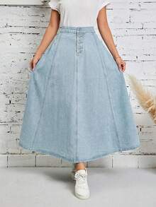 EURMUSE Chân váy denim dài cạp cao giặt thường ngày - Màu xanh nhạt - Xem 4