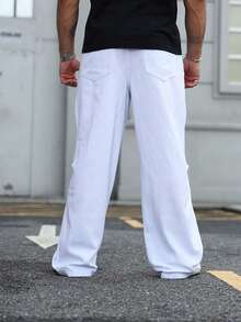 Manfinity Homme 男士休闲简约白色斜插口袋牛仔裤，四季皆宜 - 白色 - 查看 2