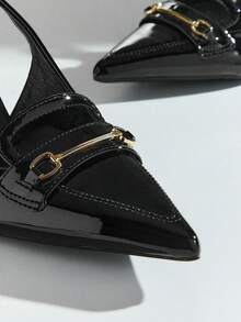 SHUZIA Women Elegant Pointy Toe Metal Chain Decor Stiletto Sling-Back Pumps - Black - View 7