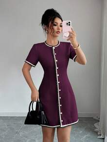 Rafferiza Elegant Business Casual Round Neck Trim Waist Short Sleeve Button Front Mini Dress, Suitable For Spring And Summer - Red Violet - View 7