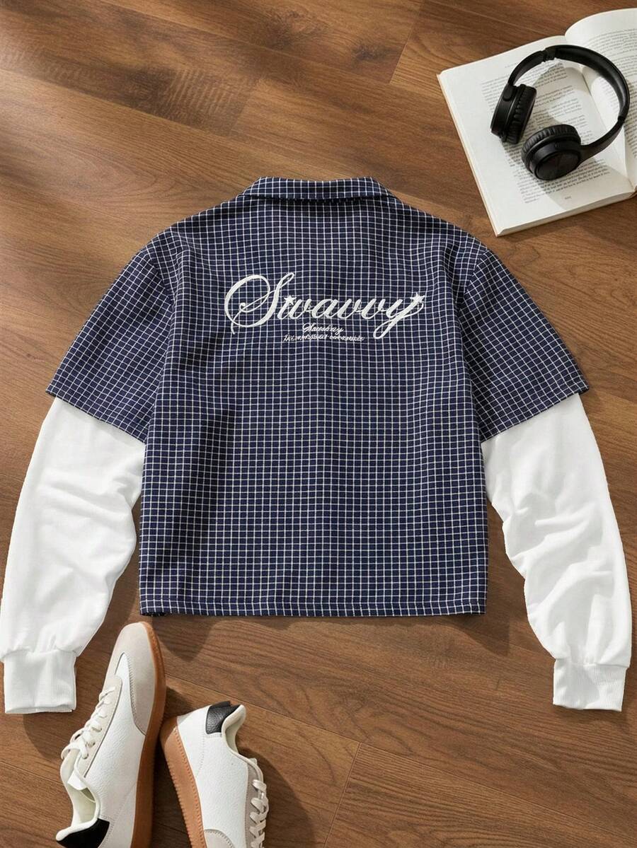 SWAVVY Men's Casual Letter Embroidery 2 In 1 Shirt Blue And White Graphic Shirt Plaid Graphic Shirt Navy Blue Graphic Shirt Long Sleeve Graphic Shirt - Royal Blue - View 1