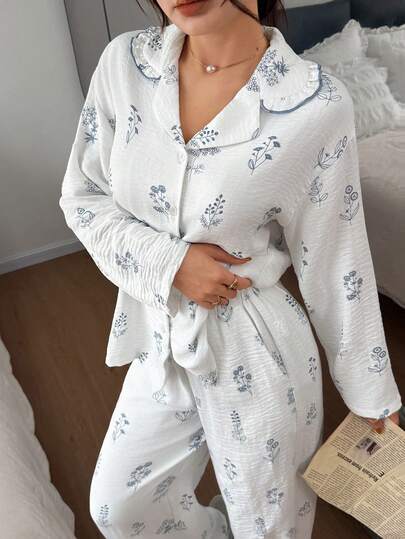 DAZY 白色碎花宽松女士睡衣套装