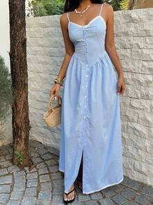 Sunnyshic Women's Blue Plaid Spaghetti Strap A-Line Maxi Dress, Fashion Versatile Basic Preppy Sweet Casual Vacation Elegant Spring Summer Back To School - Blue - View 5