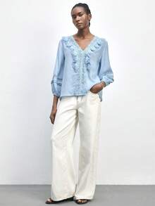 Maija Women's Blue Ruffled Lace Patchwork Loose Casual Blouse - Blue - View 6