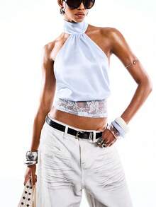 LYSMO Bộ sưu tập mới 2026 phong cách tối giản Xuân/Hè dành cho nữ, áo hở lưng ren màu xanh nhạt gợi cảm, thích hợp đi chơi mùa hè, thanh lịch, đi biển, thường ngày, màu xanh dương. - Màu tím - Xem 5