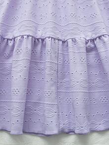 女童镂空针织连衣裙，圆领短袖，松紧腰带，荷叶边下摆，适合通勤、度假、海滩等多种场合。 - 紫色 - 查看 8